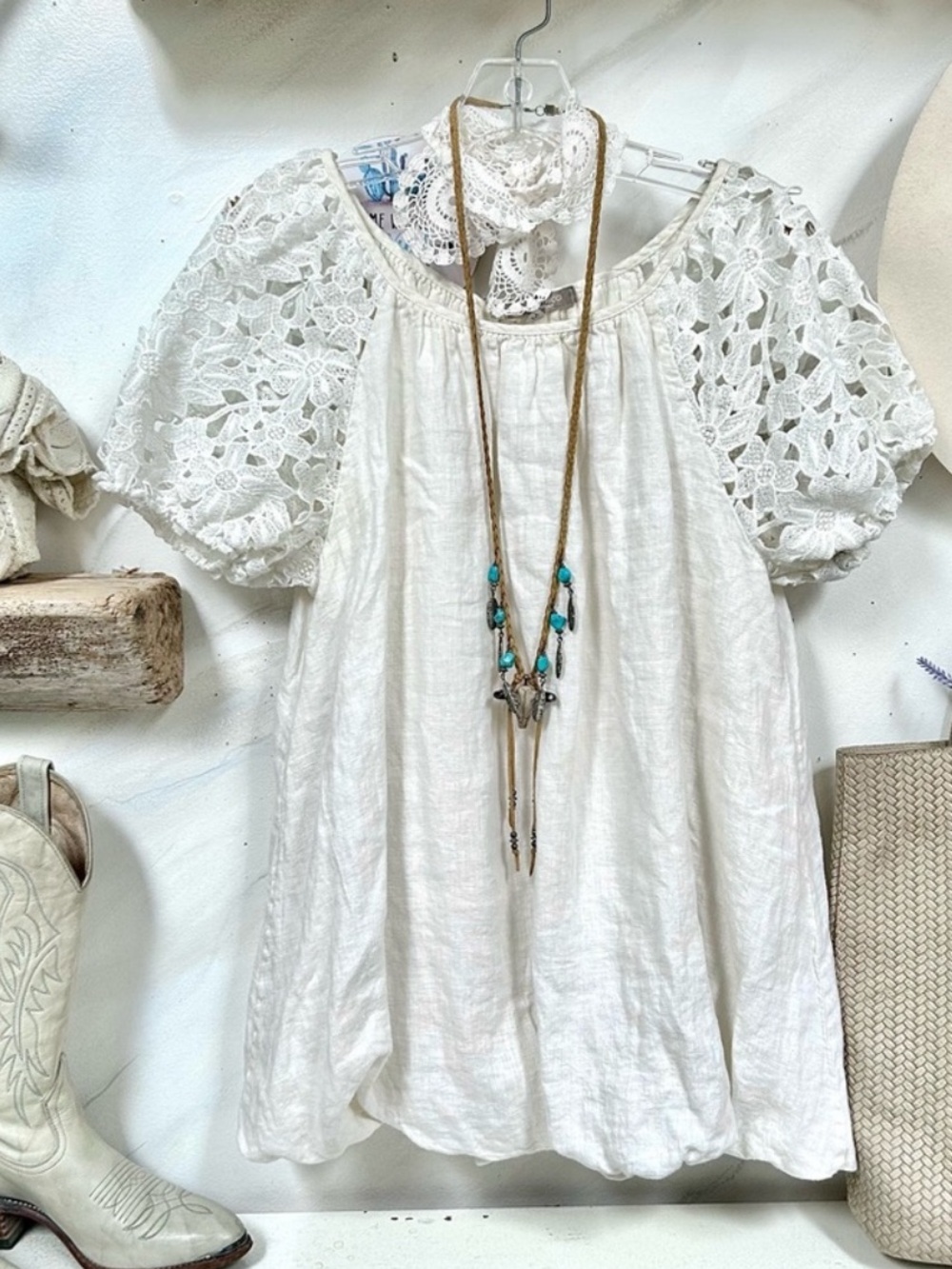 Boho White Lace Sleeve Linen-Blend Tunic Top
